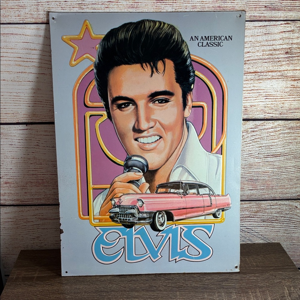 Vtg 95’ Elvis Presley Metal Sign with Pink Cadillac